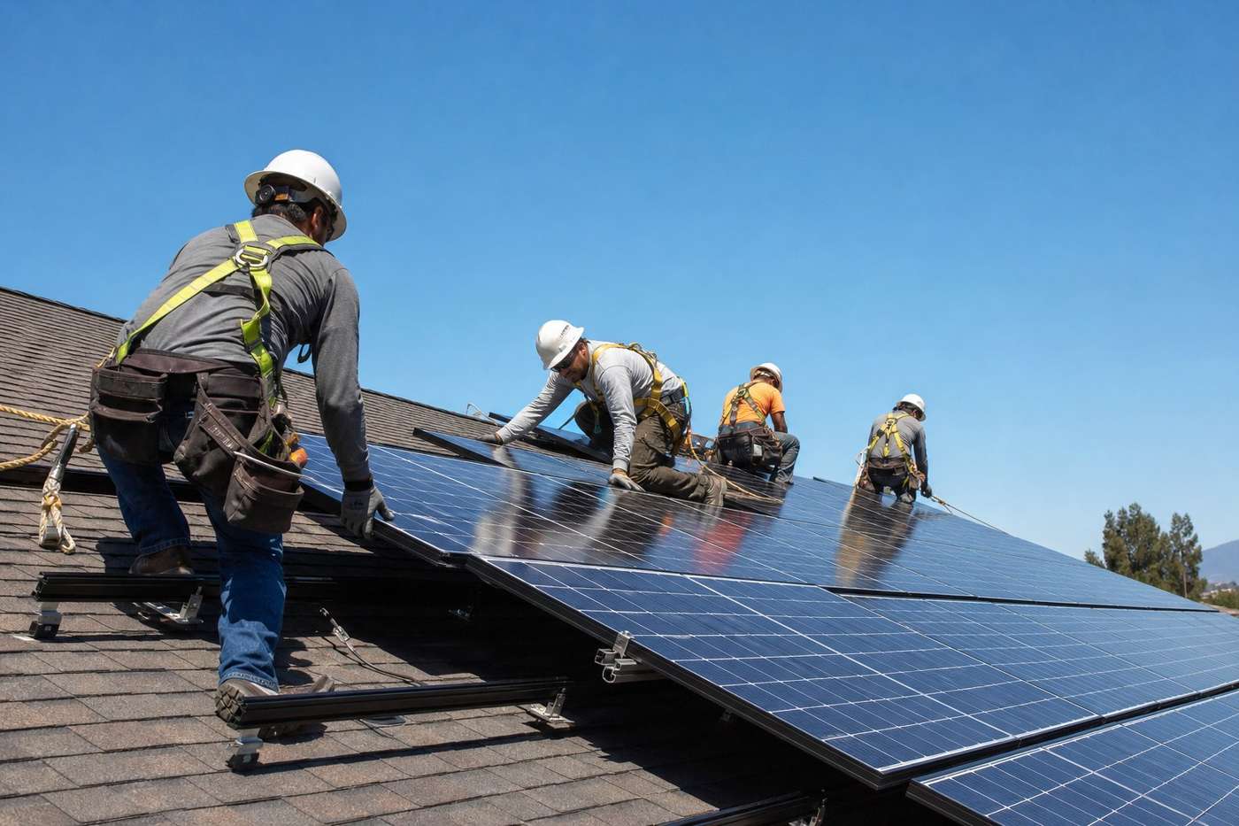 A crew of installers working on a large rooftop solar array