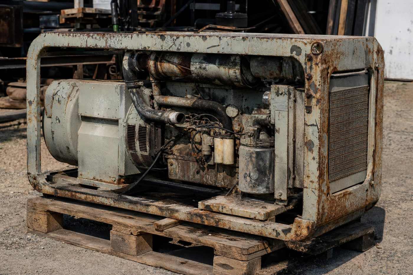 A weathered diesel generator on a wooden pallet outdoors