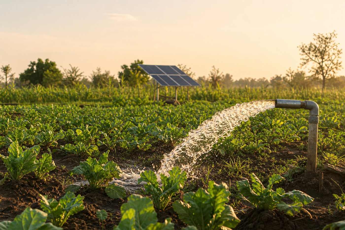 Solar water pump irrigating a farm plot