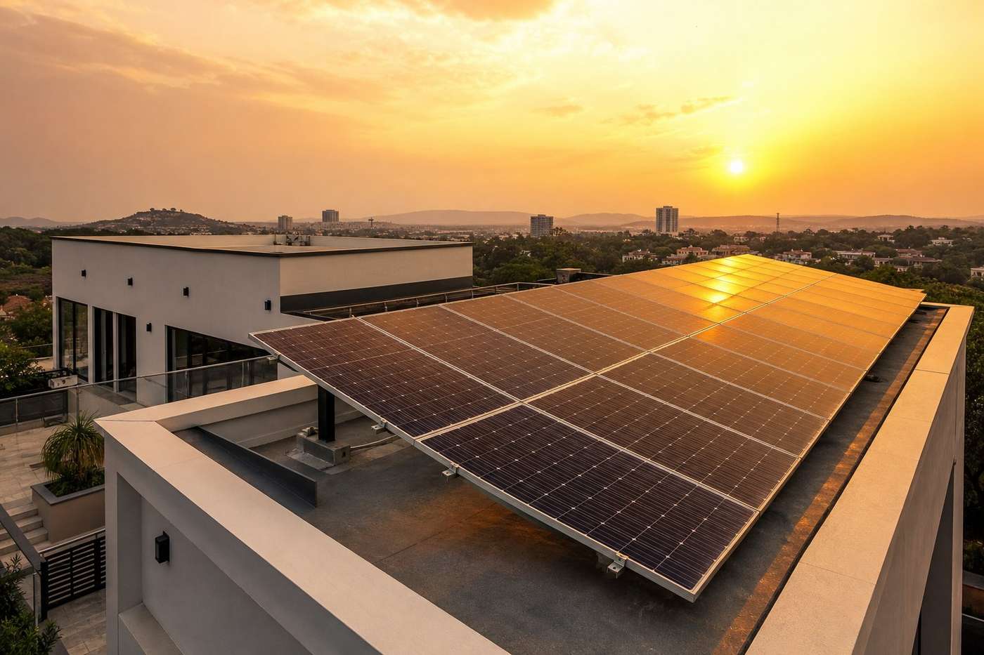Rooftop solar array on a villa at golden hour
