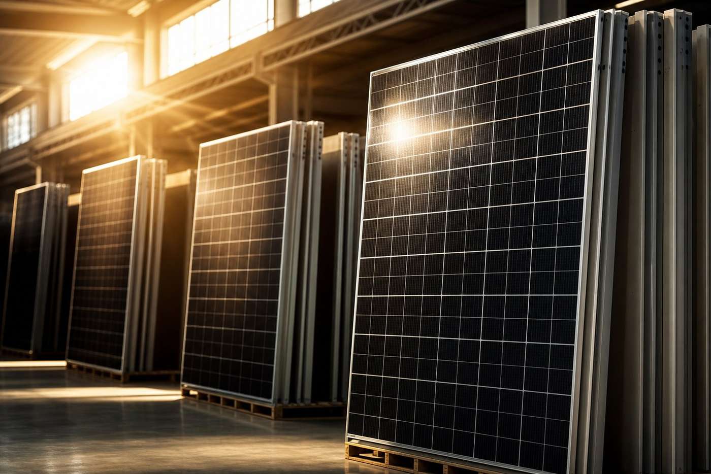 Solar panels on a residential roof under a bright sky
