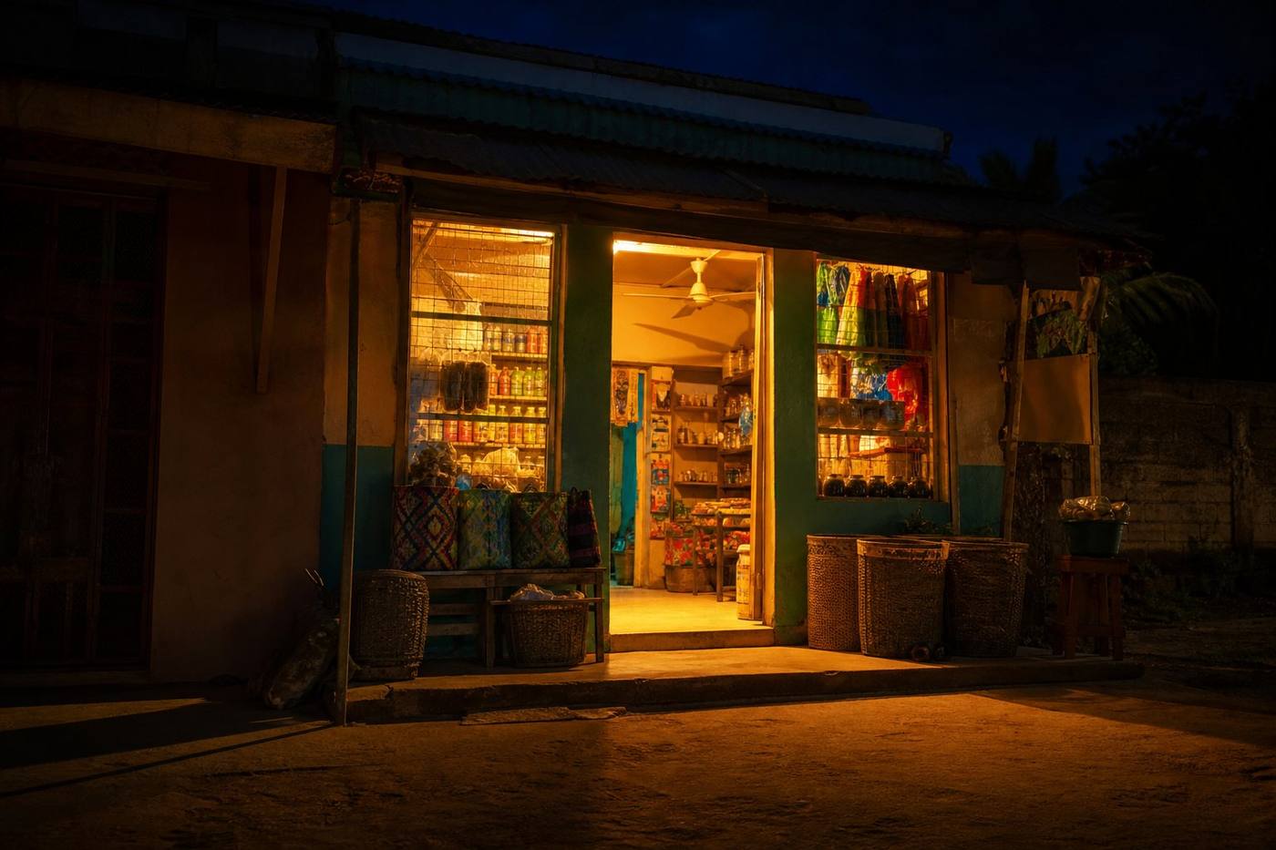 A shopfront powered at night
