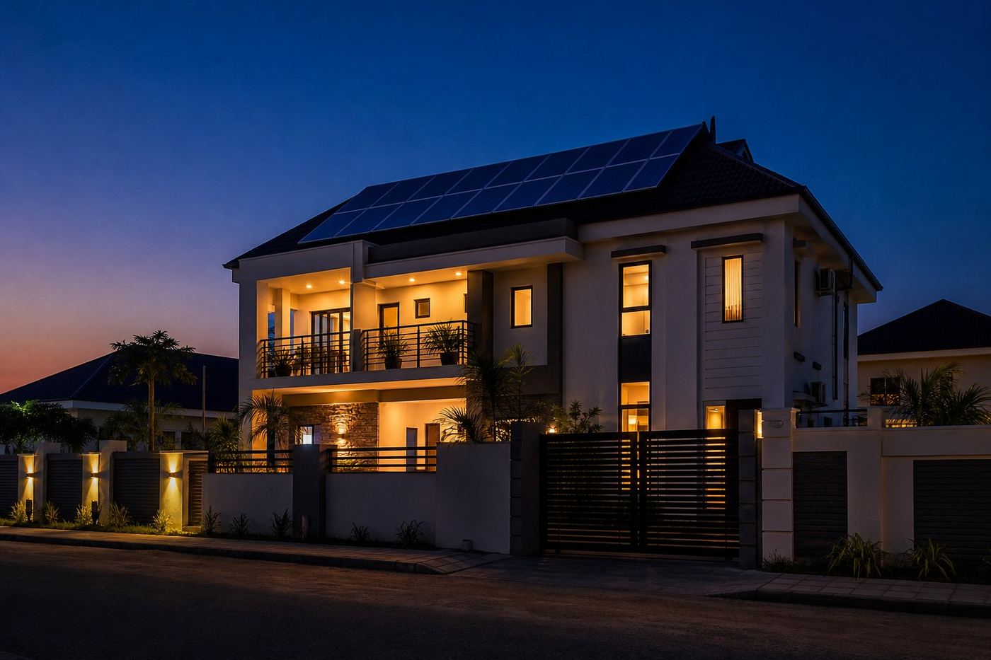 A villa at dusk with warm windows and a rooftop array